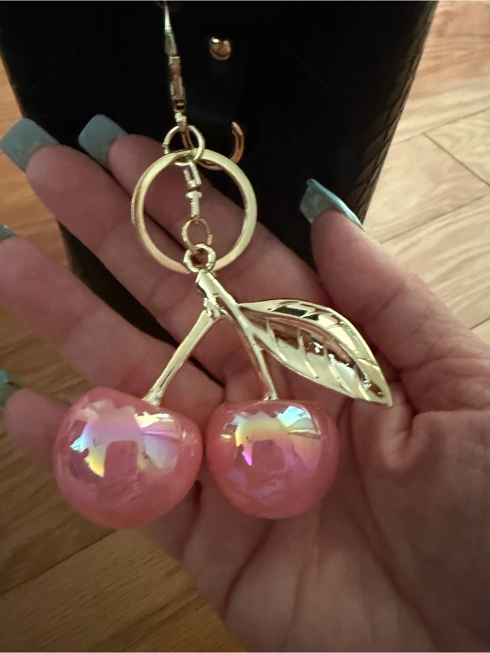 Source Unknown Pink Iridescent Cherry Keychain with Gold Hardware